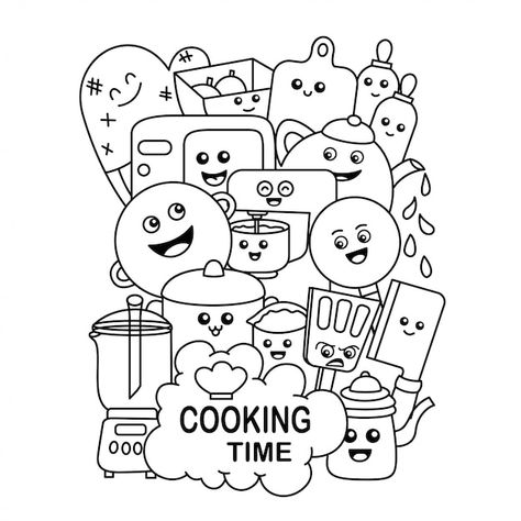 Cooking Doodles Art, Tea Doodle, Cooking Cartoon, Kitchen Cartoon, Printable Flower Coloring Pages, Cooking Humor, Cartoon Doodle, Printable Flower, Sketch Notes