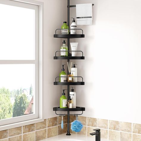 Adjustable Stainless Steel Shower Organizer with 4 Tier Shelf for Bathroom Bathtub Tub Shampoo -Floor Standing Rack Bath Bathroom Organization Shelves, Shower Pole, Corner Shower Caddy, 4 Tier Shelf, Shower Rack, Shower Organization, Plastic Shelves, Tension Rod, Shower Shelves