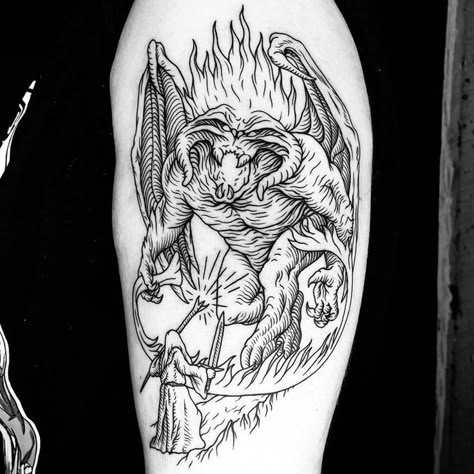 Lotr Blackwork Tattoo, Sasha Woland Tattoo, Lotr Sleeve Tattoos, Ent Tattoo, Etching Tattoos, Balrog Tattoo, Cryptid Tattoo, Lotr Sleeve, Smaug Tattoo