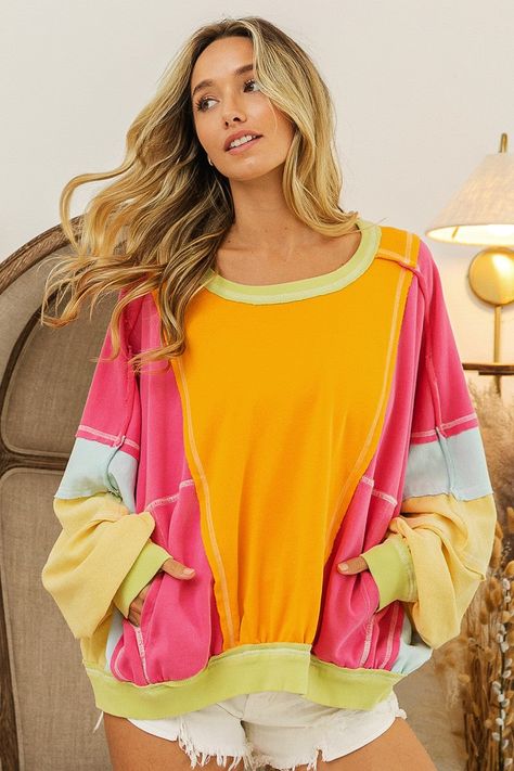 BiBi Color Block French Terry Top in Banana/Fuchsia/Lime ON ORDER Shirts & Tops BiBi Women Colorful Outfits, Color Block Tops For Women, Umgee Clothing, Thml Clothing, Unique Clothes, Beach Clothes, Color Block Pattern, Preppy Clothes, Cute Preppy Outfits