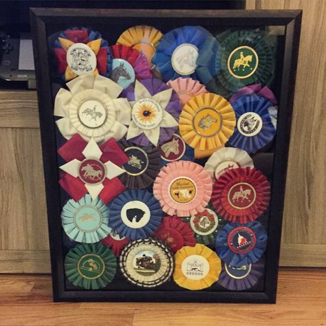 Great way to organize your ribbons to show off in a classy way. No ribbons were destroyed. This is a shadow box, and each ribbon was rolled up and tucked behind the rosette. Horse Ribbon Display, Bow Board, Horse Show Ribbons, Horse Ribbons, Shadow Box Ideas, Ribbon Display, Ribbon Ideas, Tack Store, Organisation Ideas