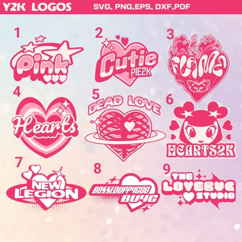 Modern and unique Y2K digital logo design for your business, created with precision and attention to Text Vector Design, Hello Kitty Logo Design, Y2k Star Logo, Pink Logo Ideas, Name Graphic Design, Coquette Logo Design, Y2k Design Ideas, Name Logo Design Ideas Creative, Y2k Fonts Canva