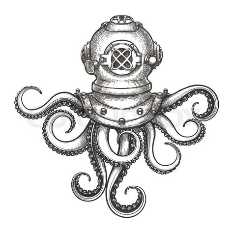 Octopus Tentacles Drawing, Illustration Octopus, Tentacle Tattoo, Helmet Illustration, Diver Helmet, Diver Tattoo, Steampunk Tattoo, Helmet Tattoo, Octopus Tattoo Design