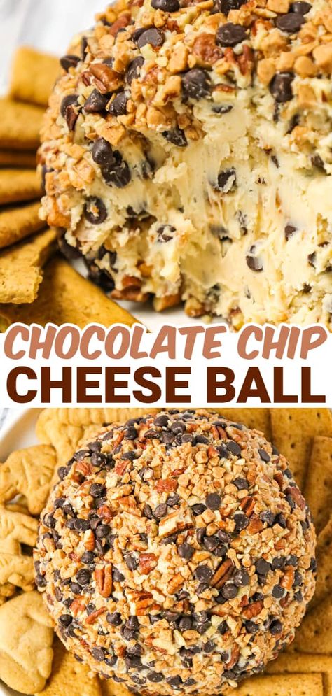 Chocolate Chip Cheese Ball is a tasty dessert dip recipe perfect for parties loaded with cream cheese, mini chocolate chips, toffee bits and chopped pecans. Chocolate Cheese Ball Recipe, Chocolate Cheese Ball, Deserts With Cream Cheese, Chocolate Chip Cheese Ball, Cheese Log Recipes, Edible Sugar Cookie Dough, Dessert Cheese Ball, Toffee Dessert, Chocolate Chip Dip