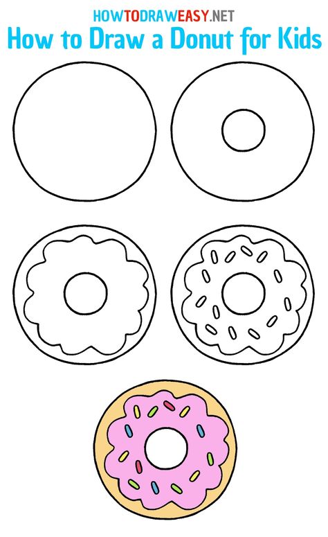 How to Draw a Donut #Donut #Donuts #DunkinDonuts #TheSimpsons #Homer #HomerSimpson #Food #FastFood How To Draw A Donut Step By Step, How To Draw A Doughnut, Simple Donut Drawing, Step By Step Drawing For Preschoolers, Easy Pictures To Draw For Kids, How To Draw Donut, How To Draw A Donut, Drawing Ideas For Kids Step By Step, Donut Art Project For Kids