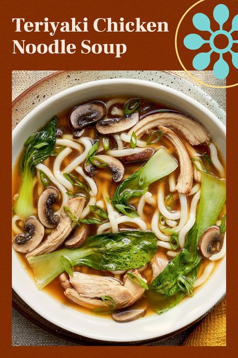 Teriyaki Chicken Noodle Soup Teriyaki Soup, Teriyaki Chicken Noodles, Rice Noodle Soup, Asian Soup Recipes, Asian Bowls, Japanese Sauce, Rice Noodle Soups, Marinated Chicken Thighs, Thai Salad