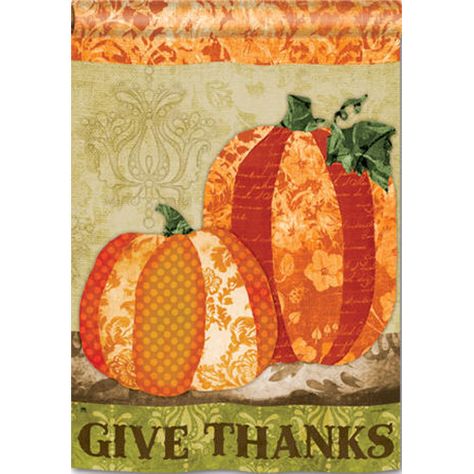 About the Design Pretty Tapestry Pumpkins with a Give Thanks Thanksgiving message. About the Flag Decorate your home and garden with house flags from Magnet Works. Magnet Works BreezeArt premium flags feature mildew and fade resistant prints on exclusive SolarSilk polyester fabric. BreezeArt house flags from Magnet Works are heavier and more durable than typical flags and feel softer and silkier, providing better drape and movement. Features: Readable on both sides Size: House - 28" x 40" Thanksgiving Ideas Decorating, Thanksgiving Crafts And Activities, Ironton Ohio, Pumpkin Quilt, Thanksgiving Flag, Electric Quilt, Burlap Garden Flags, Pumpkin House, Thanksgiving Banner