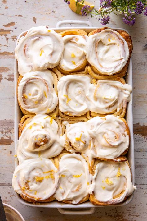 Lemon Cinnamon Rolls, Lemon Rolls, Vanilla Cream Cheese, Half Baked Harvest Recipes, Brunch Items, Harvest Recipes, Lemon Sugar, Half Baked, Sweet Rolls