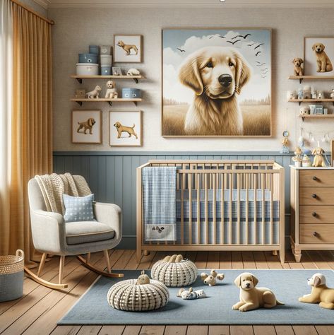 Golden Dog Nursery | Designer Inspired Pet Nurseries Pet Themed Nursery, Bird Dog Nursery, Puppy Nursery Ideas, Golden Retriever Nursery, Dog Nursery Theme, Puppy Dog Nursery, Puppy Nursery Theme, Kids Room Design Boys, Modern Baby Cribs