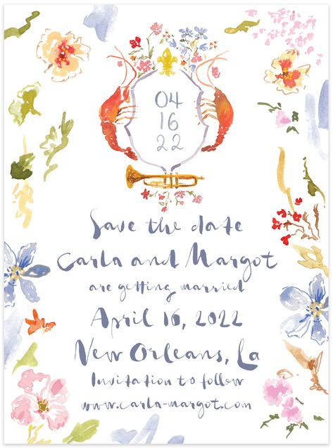 New Orleans fun whimsical save the date feat. prawns and horns designed by jolly edition New Orleans Save The Date, Watercolor Wedding Stationery, Garden Party Wedding Invitations, Jolly Edition, Watercolor Save The Date, Whimsical Wedding Invitations, Garden Party Invitations, Unique Save The Dates, India Wedding