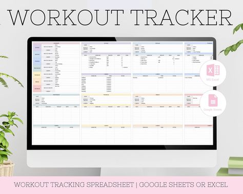 Workout Tracker Printable Workout Excel Sheet, Fitness Planner Printable Free, Workout Log Template, Monthly Fitness Planner, Cardio Plan, Google Sheets Habit Tracker, Workout Log Printable, Planning Sport, Workout Planner Printable