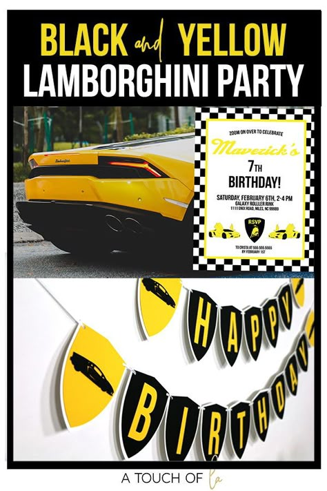 These printable yellow Lamborghini party decorations are the perfect way to plan a SUPER cool party for your kid zooming into their next birthday! Any age is a great age to celebrate with a luxury car party! Get the editable invitation, and printable stickers, favor tags, banners and more!  #lamborghiniparty #lamboparty #lamborghinipartytheme #lamborghinibirthdayparty #lambobirthdaytheme #yellowlamborghiniparty #yellowlamboparty #lamborghinipartydecorations #lamborghinipartydecor Luxury Car Birthday Theme, Lamborghini Birthday Party Decorations, Lamborghini Themed Birthday Party, Lamborghini Party Ideas, Lamborghini Birthday Party Ideas, Red Birthday Party, Disney Cars Party, Car Themed Parties, Race Car Birthday Party