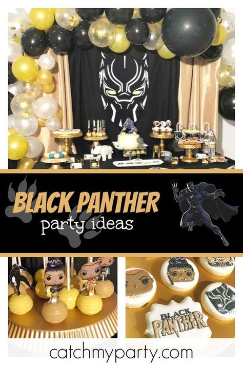 Wakanda FOREVER!! Check out this amazing Black Panther birthday party! The cookies are incredible!! See more party ideas and share yours at CatchMyParty.com #catchmyparty #partyideas #blackpantherbirthdayparty #boybirthdayparty #superherobirthdayparty #blackpanther #wakanda Wakanda Forever Party Theme, Wakanda Birthday Party, Wakanda Party, Black Panther Theme, Black Panther Birthday Party, Black Panther Cake, Black Panther Birthday, Black Panther Mask, Black And White Balloons