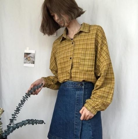 1ef91c212e30e14bf125e9374262401fdesc51278598ri Egirl Clothes, Egirl Outfits, Plaid Shirt Women, Basic Blouses, Chic Top, Yellow Plaid, Vintage Plaid, Long Sleeve Mini Dress, New Woman