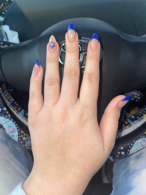 nail inspo/ acrylic nails/ gel/ blue french tip/ holiday nails, hannukah, star of david Star Of David Nails, Jewish Nails, Hanukkah Nails, Blue French Tip, Bat Nails, G Nails, Short Gel Nails, Casual Nails, Work Nails