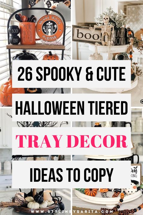 halloween tiered tray ideas Halloween Trays Ideas, Halloween Tray Ideas, Halloween Tray Decor, Spooky But Cute, Tiered Tray Decor Ideas, Tray Decor Ideas, Halloween Centers, Halloween Tiered Tray Decor, Coffee Stations