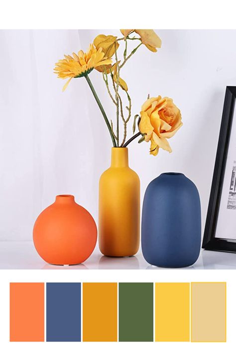 Vase Set Decor, Colorful Vases Decor, Orange Vases Decor, Blue Orange Decor, Orange And Yellow Decor, Orange Office Decor, Colorful Bookshelves, Modern Farmhouse Decor Living Room, Yellow Vases