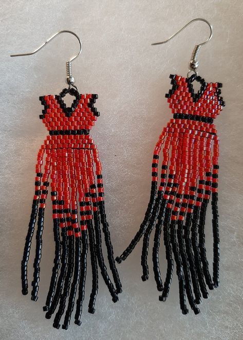 Red Dress Beaded Earrings, Mmiw Beadwork, Mmiw Earrings, Red Dress Earrings, Halloween Beadwork, Beaded Red Dress, Beading Indigenous, Indigenous Beaded Earrings, Indigenous Earrings