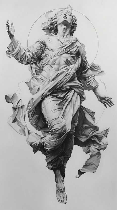 Jj Redick Tattoo, How To Draw A Statue, Statue Drawing Reference, Statue Art Drawing, Statue Tattoo Ideas, Realism Art Pencil, Statues Drawing, Icarus Flying, Statue Tattoos