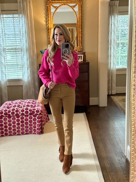 Tan Pants Winter Outfit, Tan Pants Outfit Winter, Tan And Pink Outfit, Bright Pink Sweater Outfit, Pink And Tan Outfit, Pink And Khaki Outfit, Pink Sweater Outfit Winter, Hot Pink Sweater Outfit, Camel Pants Outfit