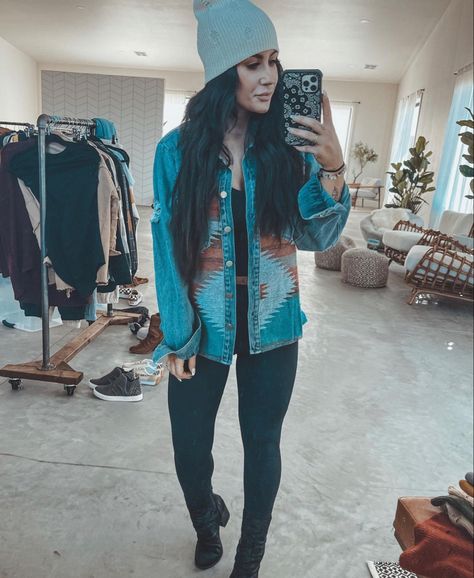 Print Jacket Outfit, Chelsea Deboer, Winter Jacket Outfits, Denim Jacket Black, Aztec Jacket, Black Leggings Outfit, Denim Jacket Outfit, Printed Denim Jacket, Print Denim