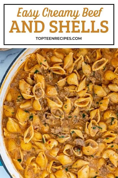 Easy Creamy Beef and Shells - Top Recipes Creamy Beef And Shells, Beef And Shells, Shells Recipe, Stuffed Shells Recipe, Dinner With Ground Beef, Ground Beef Recipes For Dinner, Mexican Food Recipes Easy, Beef Recipes For Dinner, Top Recipes