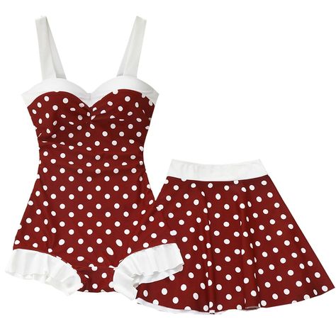 One Piece Skirt Swimsuit, Retro Red Outfit, Cute Two Piece Bathing Suits, Cute Bathing Suits One Piece, Bathing Suits With Skirt, Swimsuit With Skirt, Skirt Bathing Suit, Swimsuit Onepiece, Two Piece Bathing Suits