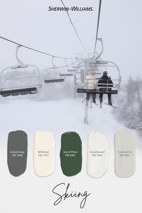 Bring your love for the slopes to your next DIY painting project with this skiing-inspired palette from Sherwin-Williams. Tap to order free color chips then stop by your neighborhood store to find the paint and supplies you need to get started. #sherwinwilliams #paint #painting #diy #renovation #colorinspiration #paintinspiration #decor #interiordesign #colorpalette #skiiing Lodge Color Palette, Ski Lodge Interior, Ski Chalet Decor, Ski Chalet Interior, Paint Color Swatches, Ski Lodge Decor, Paint Trends, Mountain Artwork, Paint Color Inspiration