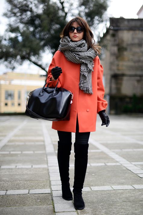 orange situation | Lovely Pepa by Alexandra Alexandra Pereira, Houndstooth Scarf, Orange Coat, Chic Outerwear, Coat Outfit, Winter Outfits For Work, Coat Outfits, Winter Mode, Casual Winter Outfits