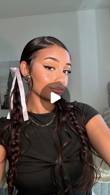 Rana on Instagram: "2x Braids With a pink Bow on 🎀  Cute for any season !! . . . . #ribbon #bow #bowseason #hair #hairstyles #hairtutorial #ribbonhair" Hairstyles With A Bow, Cute Hairstyles With Bows, Braids With Ribbon, Hairstyle Ribbon, Cute Everyday Hairstyles, Easy Bun Hairstyles For Long Hair, Bow Braid, Two Braid Hairstyles, Ribbon Braids