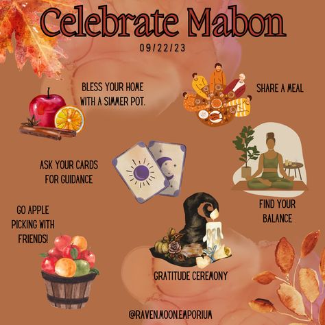 Ideas to celebrate Mabon! Time of Balance, Gratitude, Community, and Manifesting. What are you celebrating this Mabon? We would love to hear your ideas! #ravenmoonemporium #witchstore #crystalshop #mabon Mabon Celebration Activities, Mabon Ritual Ideas, Mabon Celebration 2024, Ways To Celebrate Mabon, Mabon Celebration Ideas, How To Celebrate Mabon, September Witchcraft, Mabon Altar Ideas, Mabon Wallpaper