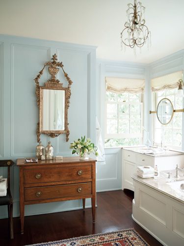 Here, Benjamin Moore's A Breath of Fresh Air appears on the walls of a bathroom. 20s Bathroom, Decorating With Antique Furniture, French Country Color Palette, Pastel Paint Colors, Best Blue Paint Colors, Benjamin Moore Blue, French Country Colors, Palladian Blue, Trending Paint Colors