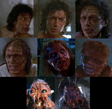 Jeff Goldblum's transformation into a fly in The Fly (1986).  I think this was the most terrifying required screening of my film studies education. The Fly 1986, Amazing Makeup Transformation, Horror Vintage, Fear Of Flying, A Nightmare On Elm Street, Film Studies, Sci Fi Horror, Special Effects Makeup, Fx Makeup