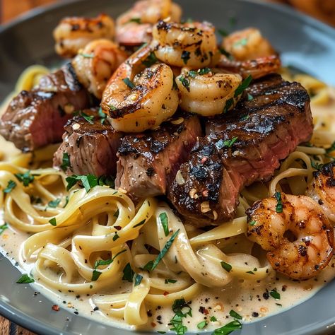 Steak And Shrimp Pasta, Steak And Shrimp Alfredo, Blackened Steak, Steak Alfredo, Shrimp Alfredo Recipe, Pasta Recipes Alfredo, Shrimp Alfredo, Steak And Shrimp, Chicken Tender Recipes