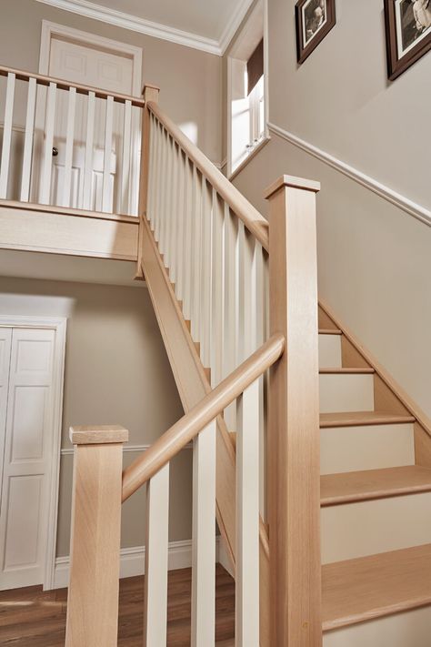 Wooden Staircase Railing, Painted Staircase, Wooden Staircase Design, Stair Spindles, Painted Staircases, Stair Banister, Timber Staircase, Traditional Staircase, House Staircase