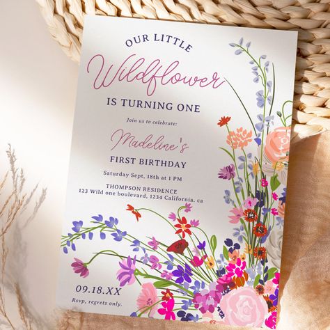 Our little wildflower is turning 1! Elegant modern spring summer flowers illustration with pretty wild flower and brush script  first birthday party invitation with a modern calligraphy typography with red, purple, pink , terracotta flowers. Wild Flowers Bouquet, Wildflower Birthday Party, Green And Terracotta, Bouquet Illustration, Elegant Birthday Invitations, Summer Birthday Invitations, Pink Purple Flowers, Floral Birthday Invitations, Modern Birthday