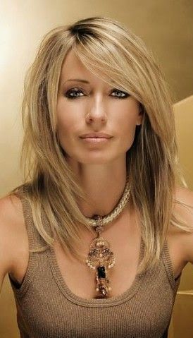 Charming layered medium length with side-swept bangs and the slept on look a la Bardot. Heather Locklear, Shoulder Length Hair Cuts, Long Blonde, Short Hairstyle, Straight Human Hair, Shoulder Length Hair, Great Hair, Hair Today, Layered Hair