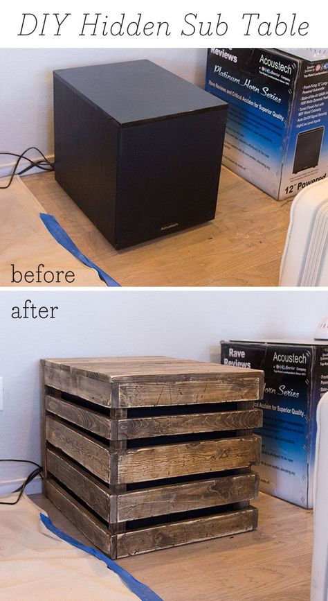 DIY Wood Side Table / Subwoofer Enclosure | Jenna Sue Design Blog Hide Speakers In Living Room, Diy Wood Side Table, Home Theater Subwoofer, Room Speakers, White Slipcovers, Jenna Sue, Subwoofer Enclosure, Diy End Tables, Wood Side Table