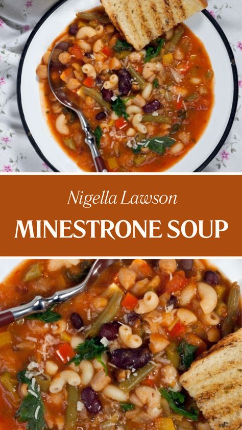 Nigella Minestrone Soup Traditional Minestrone Soup, Minestrone Soup Recipe Italian, Minestrone Vegetarian, Tomato Macaroni Soup, Green Beans Tomatoes, Dinner Vegetables, Meal In A Bowl, Nigella Lawson Recipes, Stews Recipes