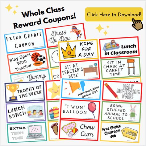 76 Incredible Ideas For Whole Class Rewards (w/Free Coupons) Classroom Sticker Reward System, Kindergarten Class Incentives, Free Pbis Rewards, Classroom Coupons For Rewards, Reward Coupons For The Classroom, Free Class Rewards, Classroom Coupons Free, Whole Class Reward Ideas, Classroom Rewards Ideas