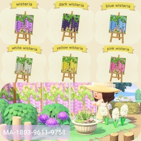 Custom Design Portal Animal Crossing, Flower Stand Acnh Code, Animal Crossing Clear Path Code, Clear Path Acnh, Stall Designs Acnh, Acnh Wisteria, Simple Panel Design, Wisteria Design, Acnh Inspiration