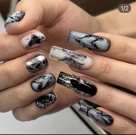 Heavenly Nails, Shiny Nails Designs, Punk Nails, Gothic Nails, Goth Nails, Grunge Nails, Glow Nails, Crazy Nails, Y2k Nails