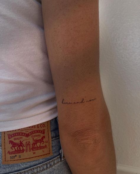 Fine Line Tattoos Placement, Fine Line Wording Tattoo, Fine Line Tattoos On Arm, Fine Line Back Arm Tattoo, Speech Tattoo Ideas, Fine Line Writing Tattoo Arm, Very Fine Line Tattoo, Tiny Written Tattoos, Fine Line Phrase Tattoo