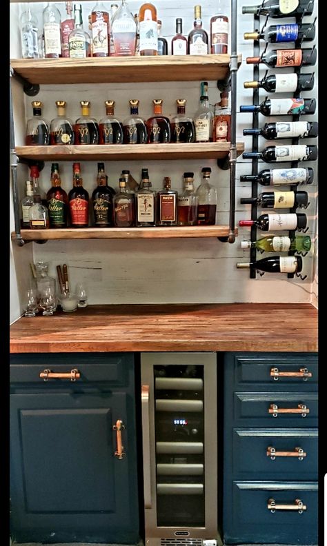 Built In Bar Wall Shelves, Wine And Bourbon Bar, Wine And Coffee Bar Closet, Whisky Shelf Ideas, Wine Rack Coffee Bar, Small Bourbon Bar, Diy Bar Storage, Butcher Block Coffee Bar, Bourbon Closet