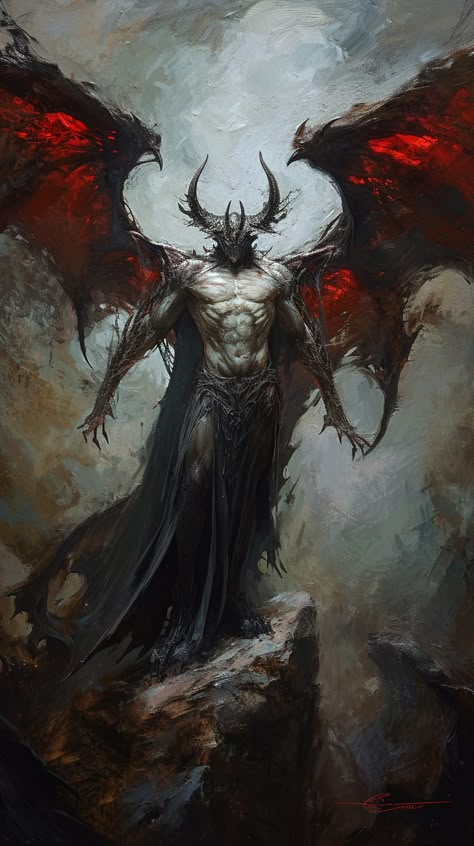 Winged Demon Art, Dnd Asmodeus, Dark Demon Art, Demonic Artwork, Fantasy Demon Art, Male Demon Character Design, Demon King Art, Demon Art Dark, Demonology Demons