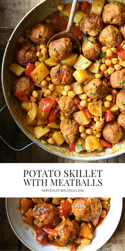 Potato Skillet with Meatballs Potato And Meatball Recipes, Meatballs With Potatoes, Meatballs And Potatoes Recipes, Meatball Potato Bake, Potatoes And Meatballs, Meatball Potato, Meatballs And Potatoes, Dinner With Potatoes, Potato Skillet