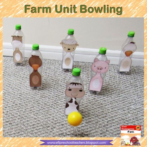 Farm Animals Bowling. Grab some recycled water or soda bottles. Print, cut and glue the farm animal onto each bottle. Find a small ball and play the game. English activities.Let's TALK. Farm Animals Games, Kindergarten Esl, Farm Animals Preschool, Farm Animals Activities, Preschool Activities At Home, Farm Unit, Esl Games, Animal Cutouts, Cut And Glue