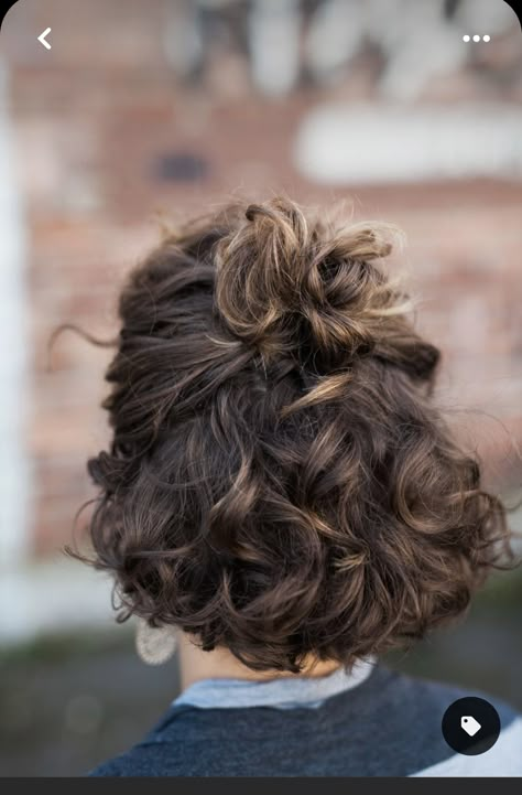 Half Up Short Wavy Hair, Curly Hair Top Knot Half Up, Homecoming Hair Short Curly, Short Curly Hair Pulled Back, Short Curly Hairstyles Color Ideas, French Short Curly Hair, Healthy Short Curly Hair, Natural Curly Hair Messy Bun, Short Curly Wedding Guest Hairstyles