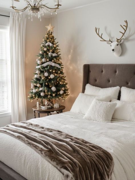 Winter Wonderland Bedroom, White Faux Fur Blanket, Wonderland Bedroom, Sparkling Christmas Tree, Tree Centerpiece, Reindeer Pillow, Sparkling Christmas, Tree Centerpieces, Faux Fur Blanket