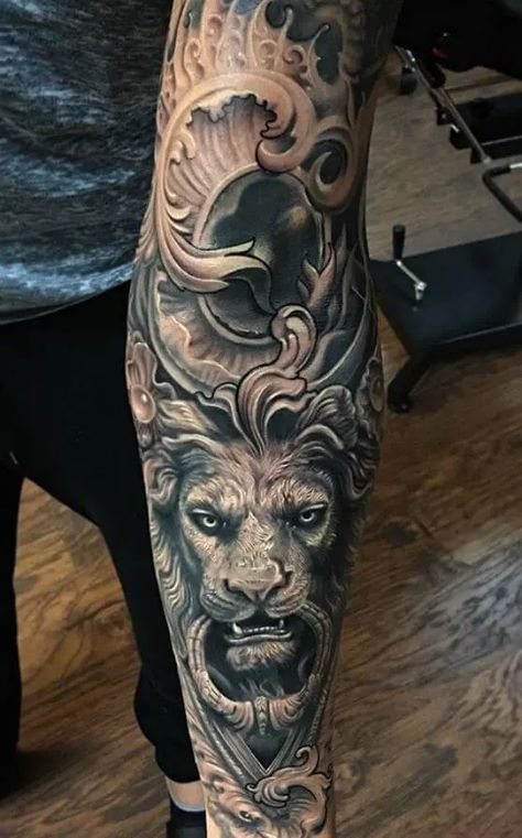 Top 21 Geometric Lion Tattoo Designs Lion Sleeve, Baroque Tattoo, Geometric Lion Tattoo, Filigree Tattoo, Lion Head Tattoos, Statue Tattoo, Greek Mythology Tattoos, Lion Tattoo Design, Mythology Tattoos